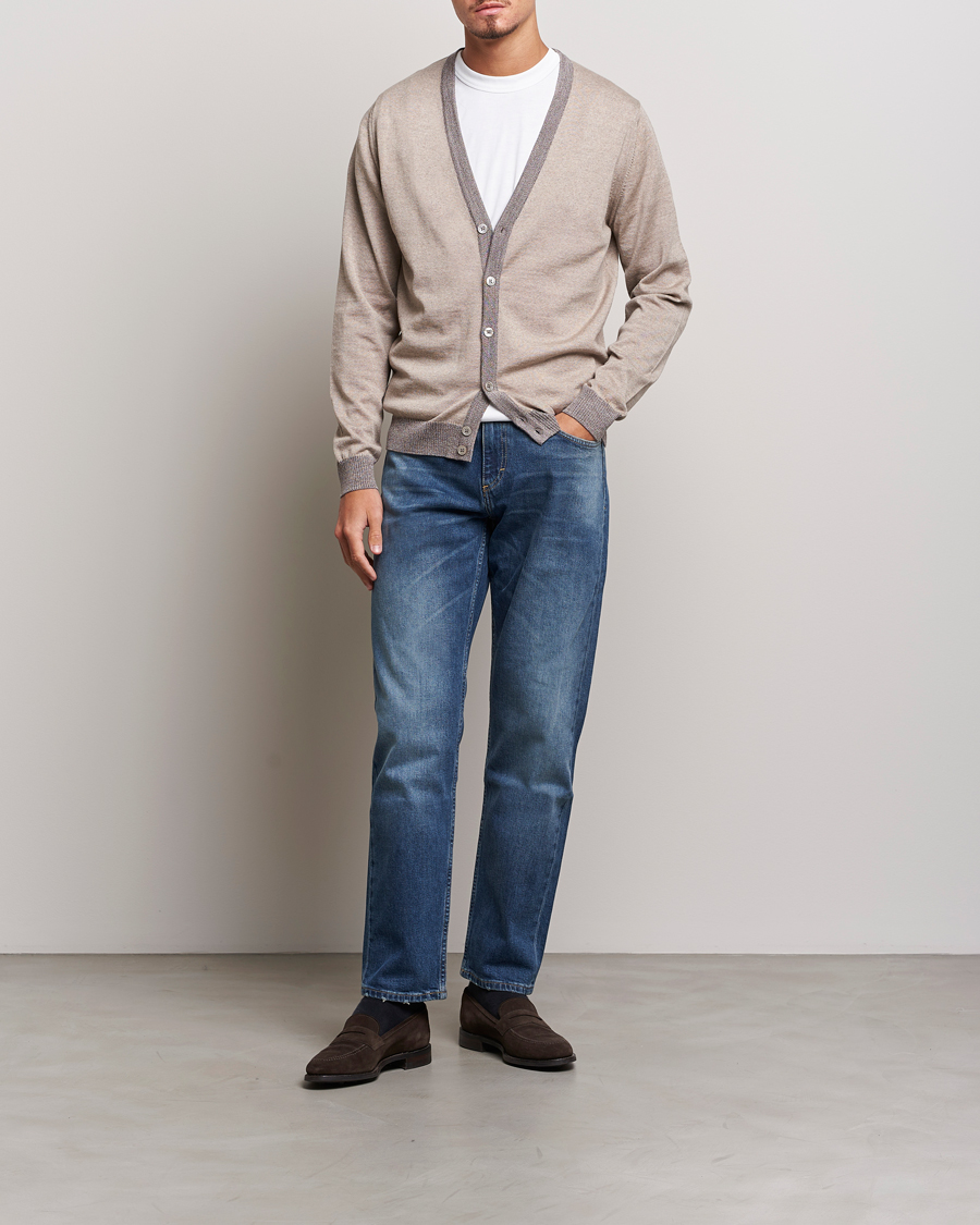 Heren | Truien | Stenströms | Merino Wool Contrast Cardigan Beige