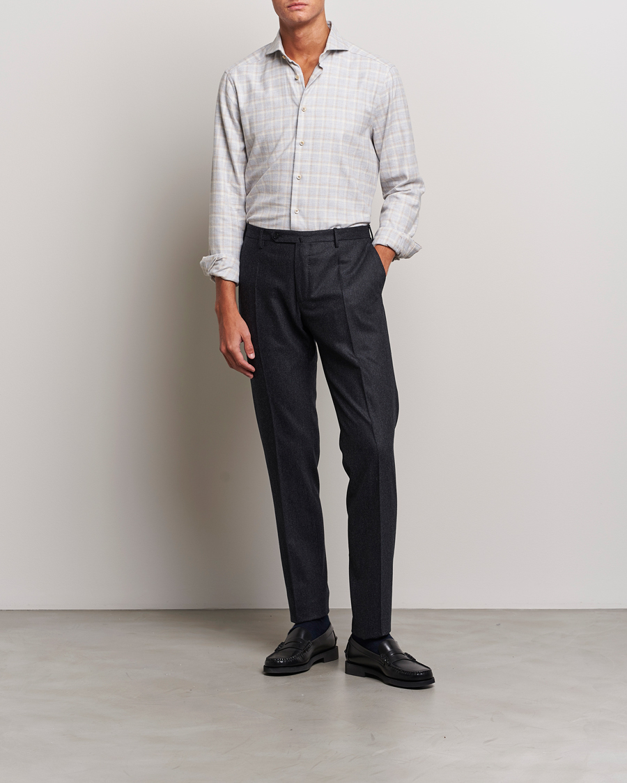 Homme | Chemises | Stenströms | Slimline Checked Cut Away Flannel Shirt Light Grey
