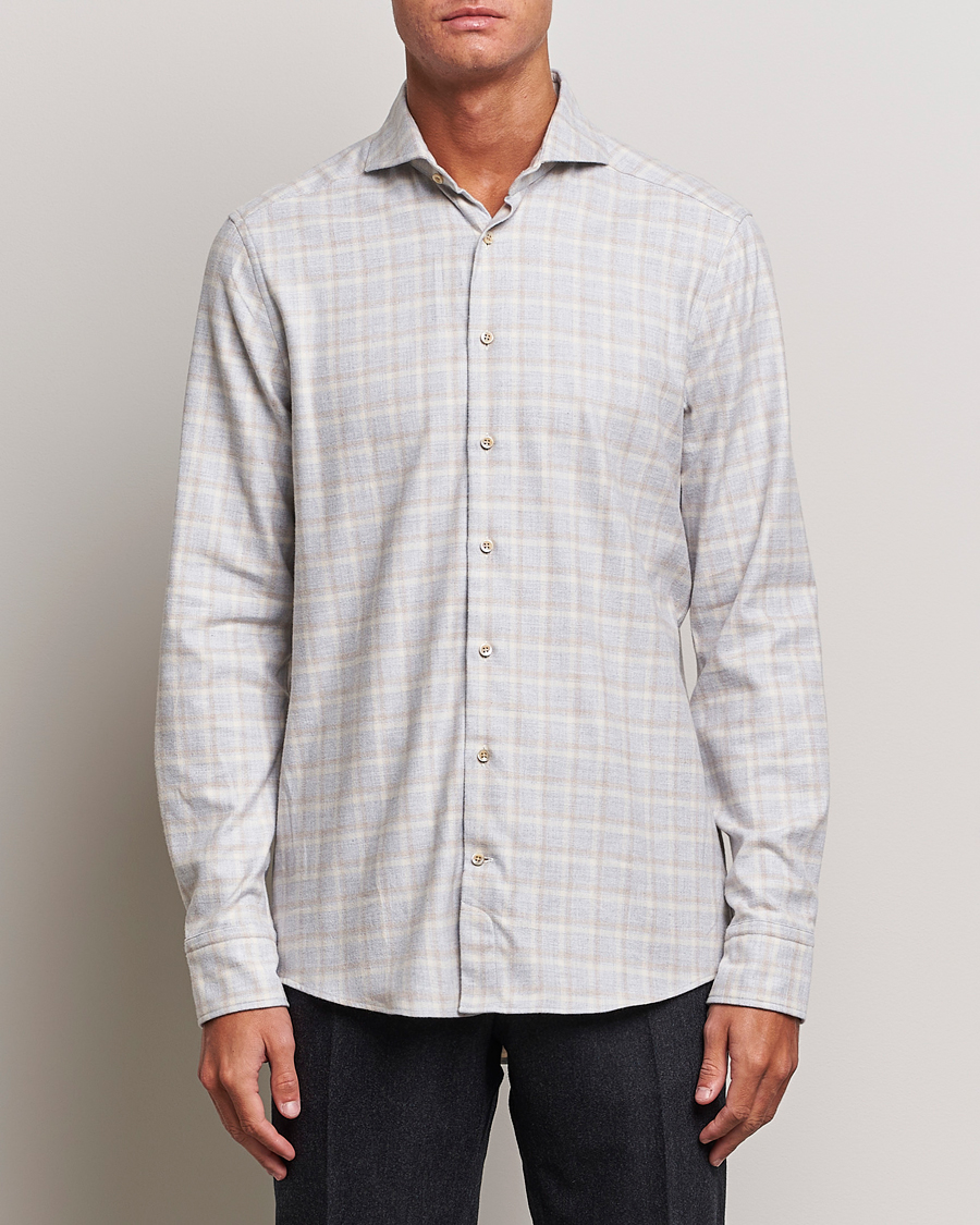 Homme | Chemises | Stenströms | Slimline Checked Cut Away Flannel Shirt Light Grey
