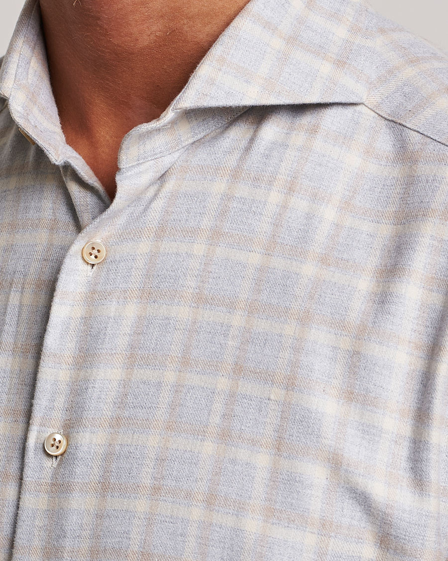 Homme | Chemises | Stenströms | Slimline Checked Cut Away Flannel Shirt Light Grey