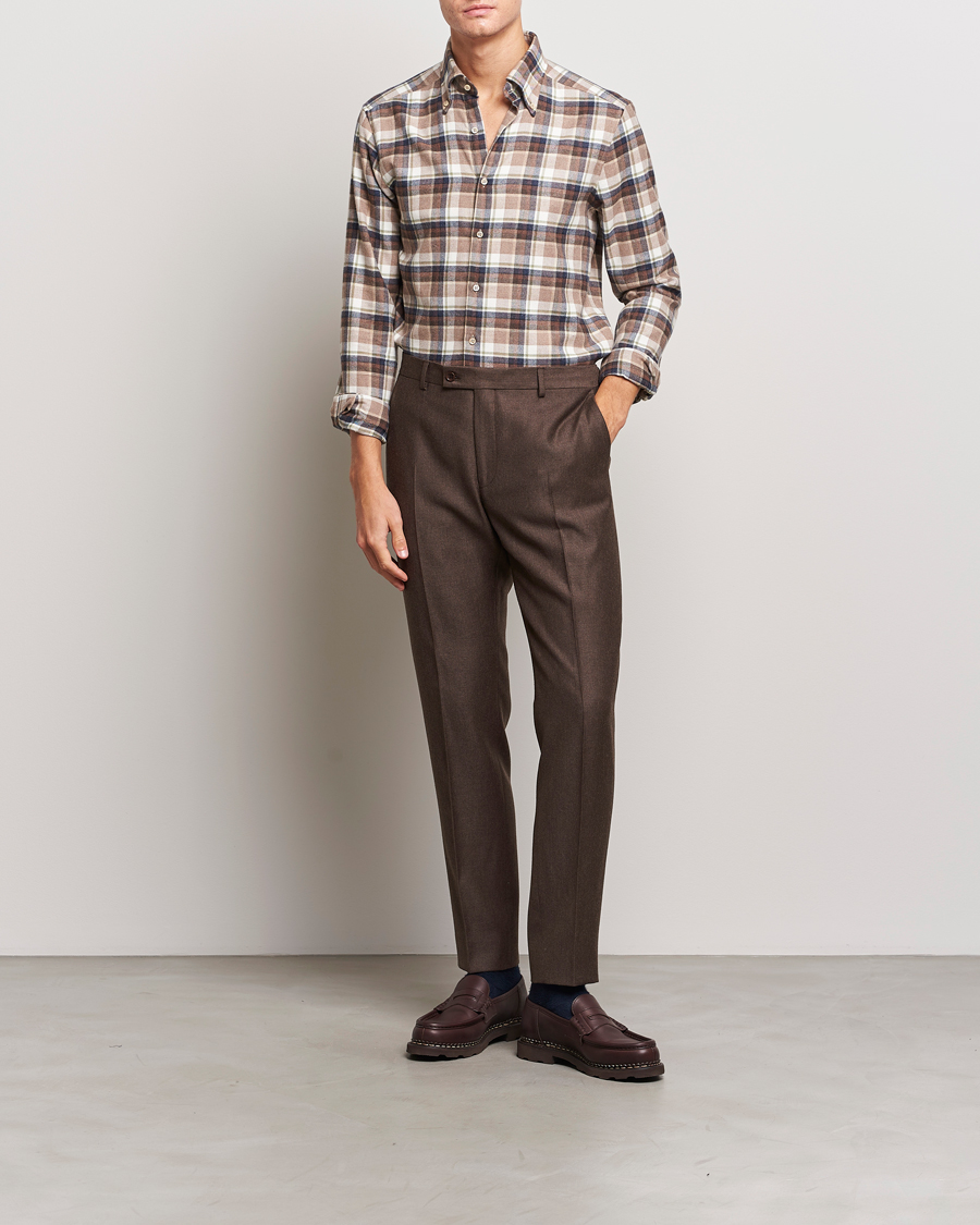 Homme | Chemises | Stenströms | Slimline Checked Button Down Flannel Shirt Beige