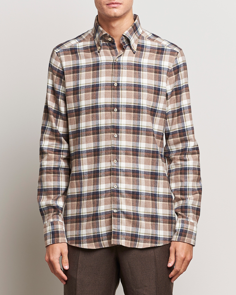 Homme | Chemises | Stenströms | Slimline Checked Button Down Flannel Shirt Beige