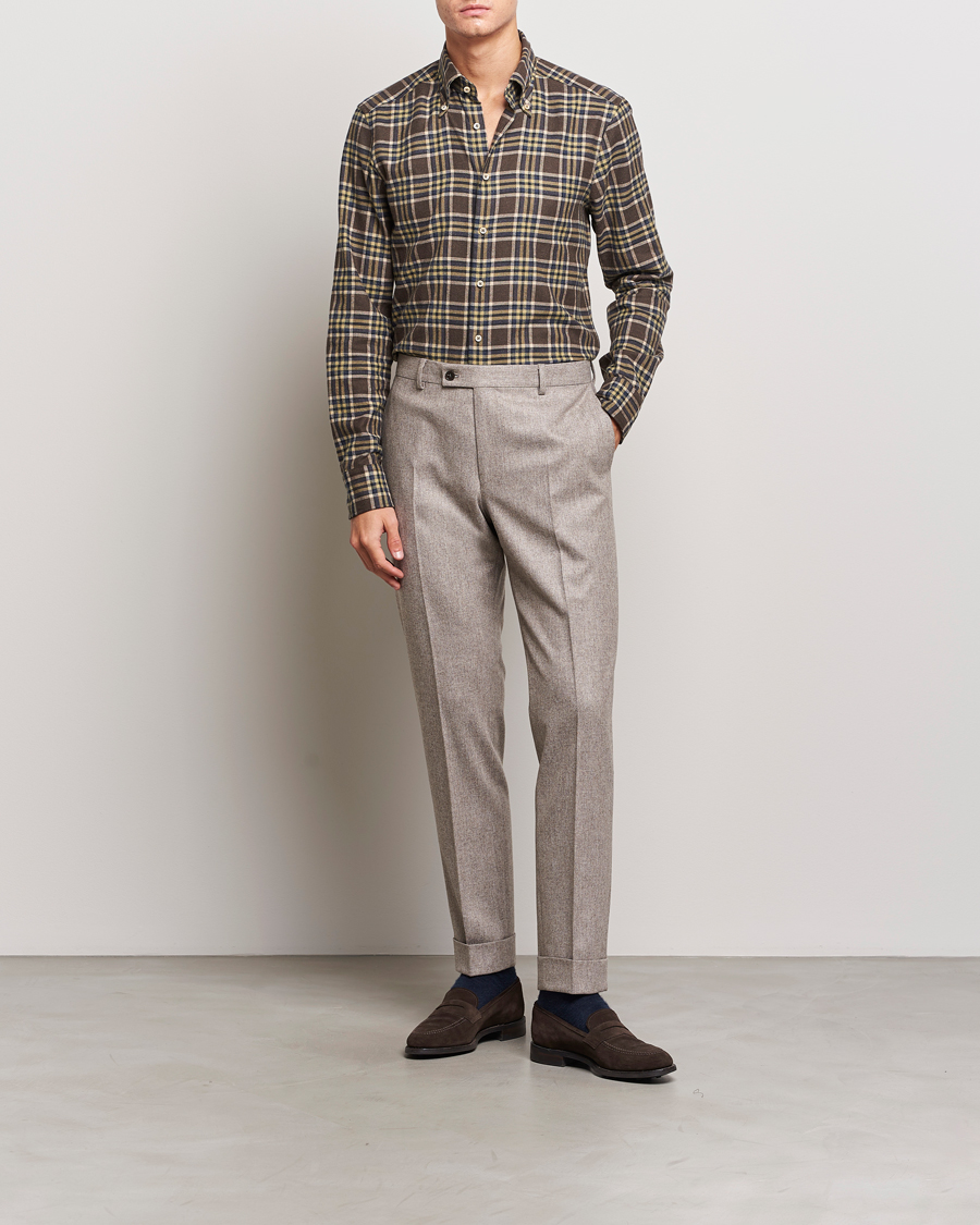 Homme | Chemises | Stenströms | Slimline Checked Button Down Flannel Shirt Brown