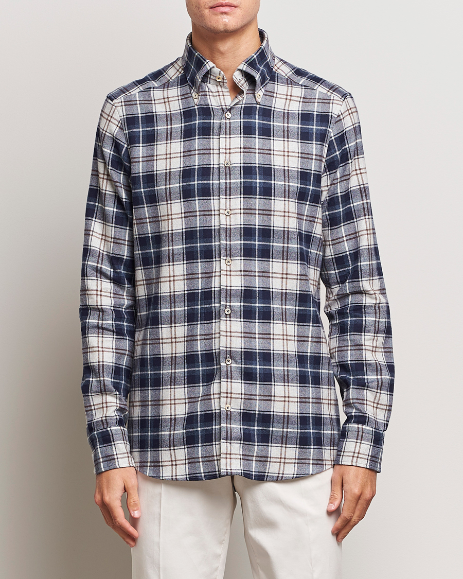 Heren | Overhemden | Stenströms | Slimline Checked Button Down Flannel Shirt Blue
