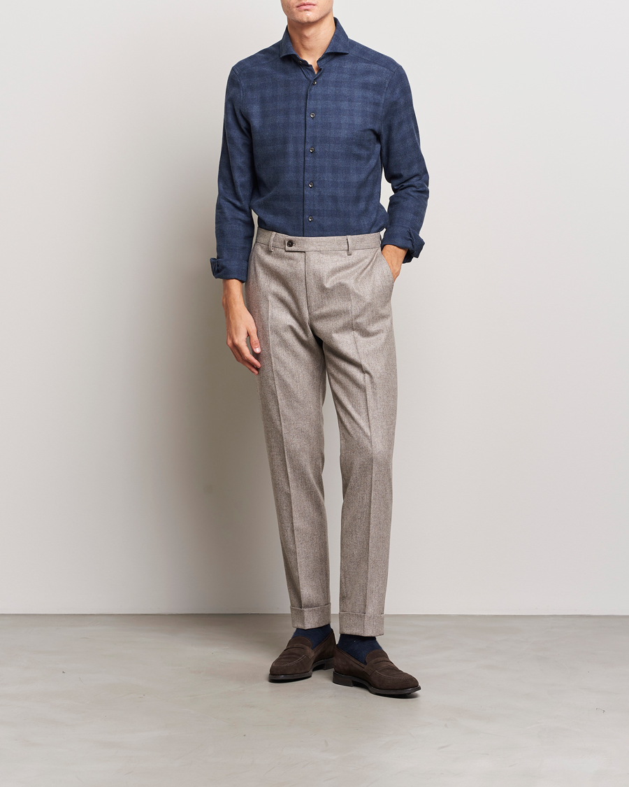 Homme | Chemises | Stenströms | Slimline Checked Cut Away Flannel Shirt Navy