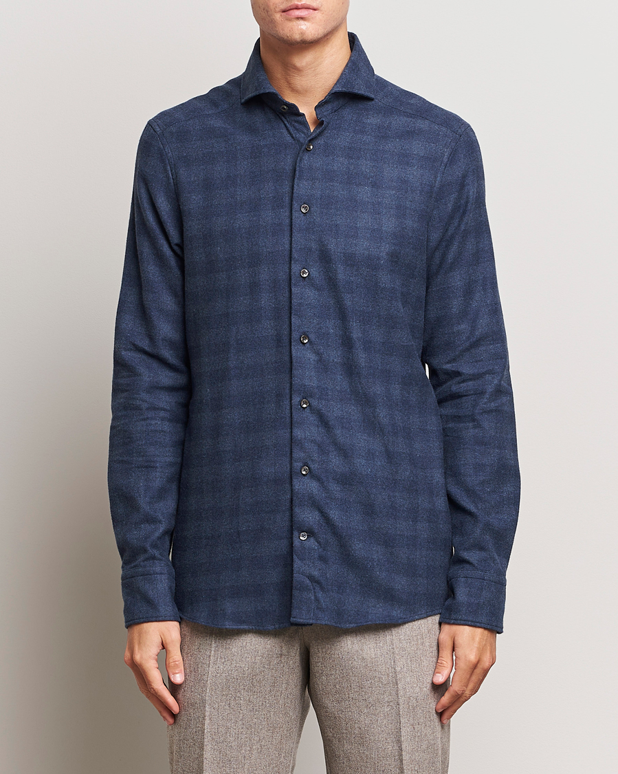 Homme | Chemises | Stenströms | Slimline Checked Cut Away Flannel Shirt Navy