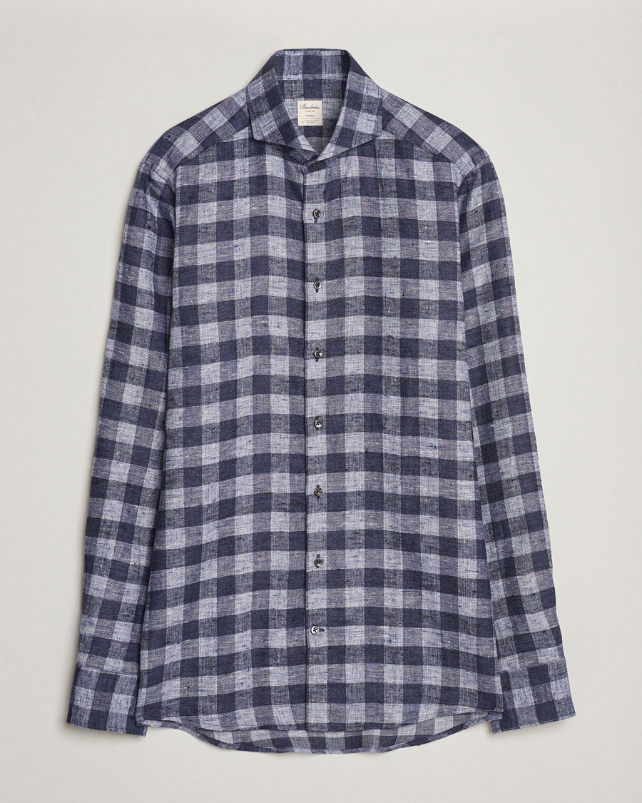 Heren | Overhemden | Stenströms | Slimline Checked Linen Flannel Shirt Blue