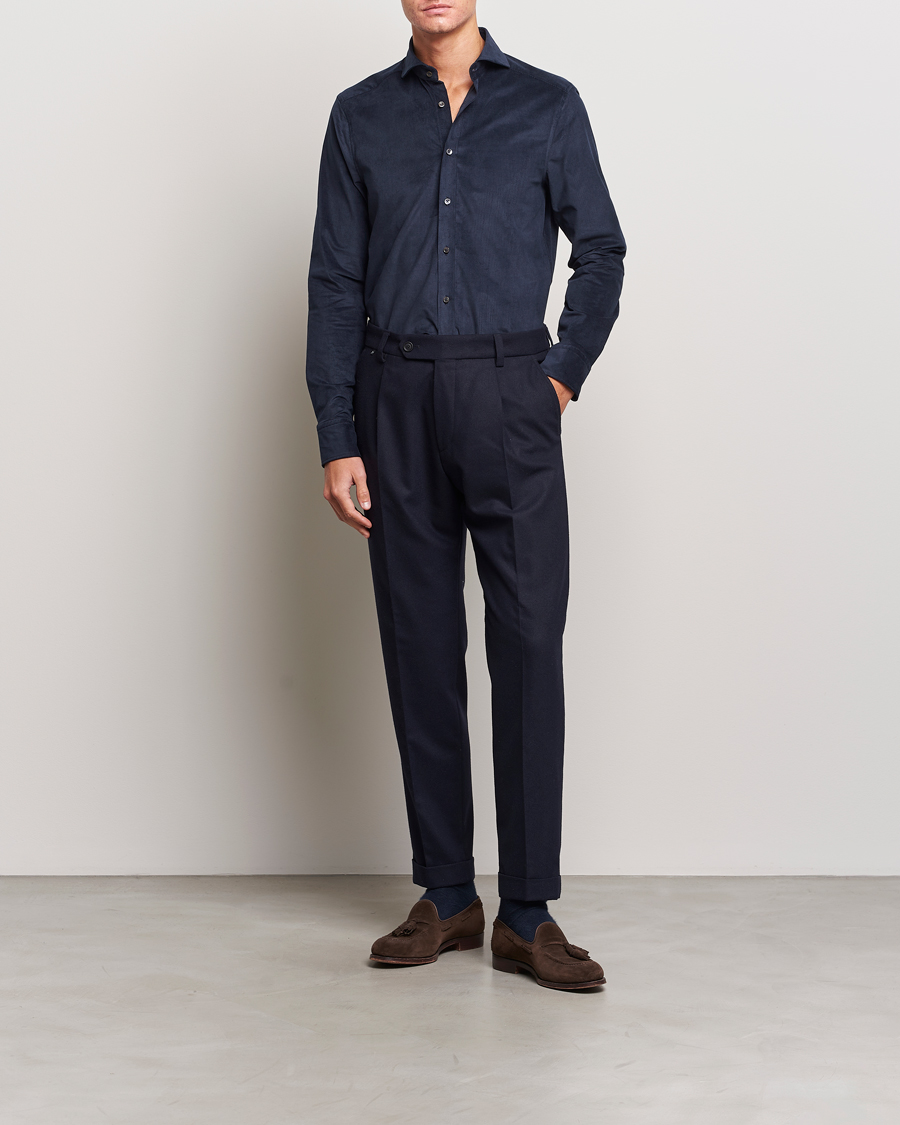 Heren | Overhemden | Stenströms | Slimline Cut Away Corduroy Shirt Navy