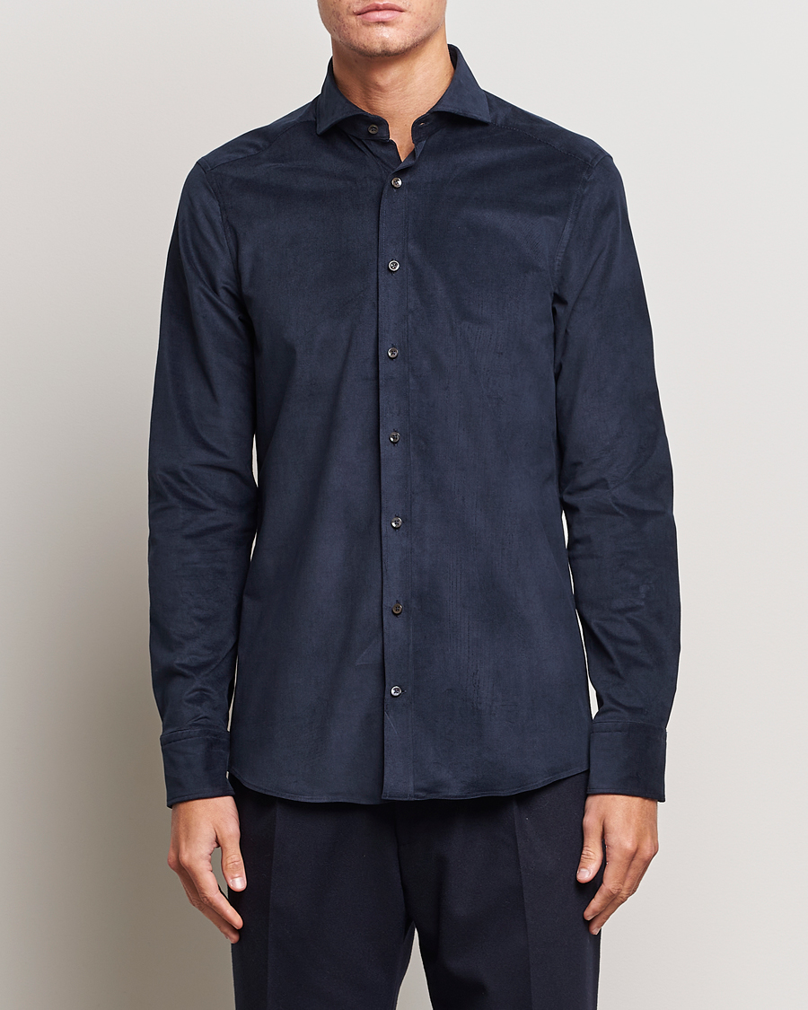 Heren | Overhemden | Stenströms | Slimline Cut Away Corduroy Shirt Navy