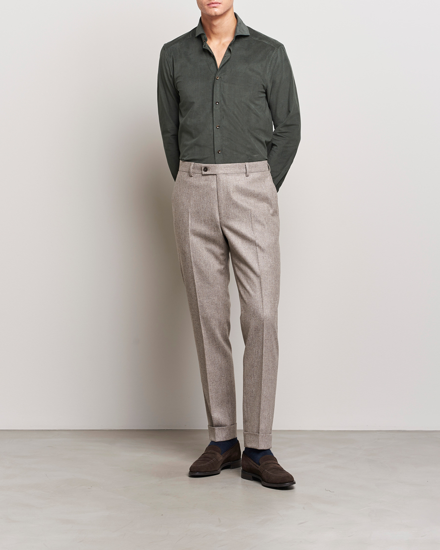Homme | Chemises | Stenströms | Slimline Cut Away Corduroy Shirt Dark Green