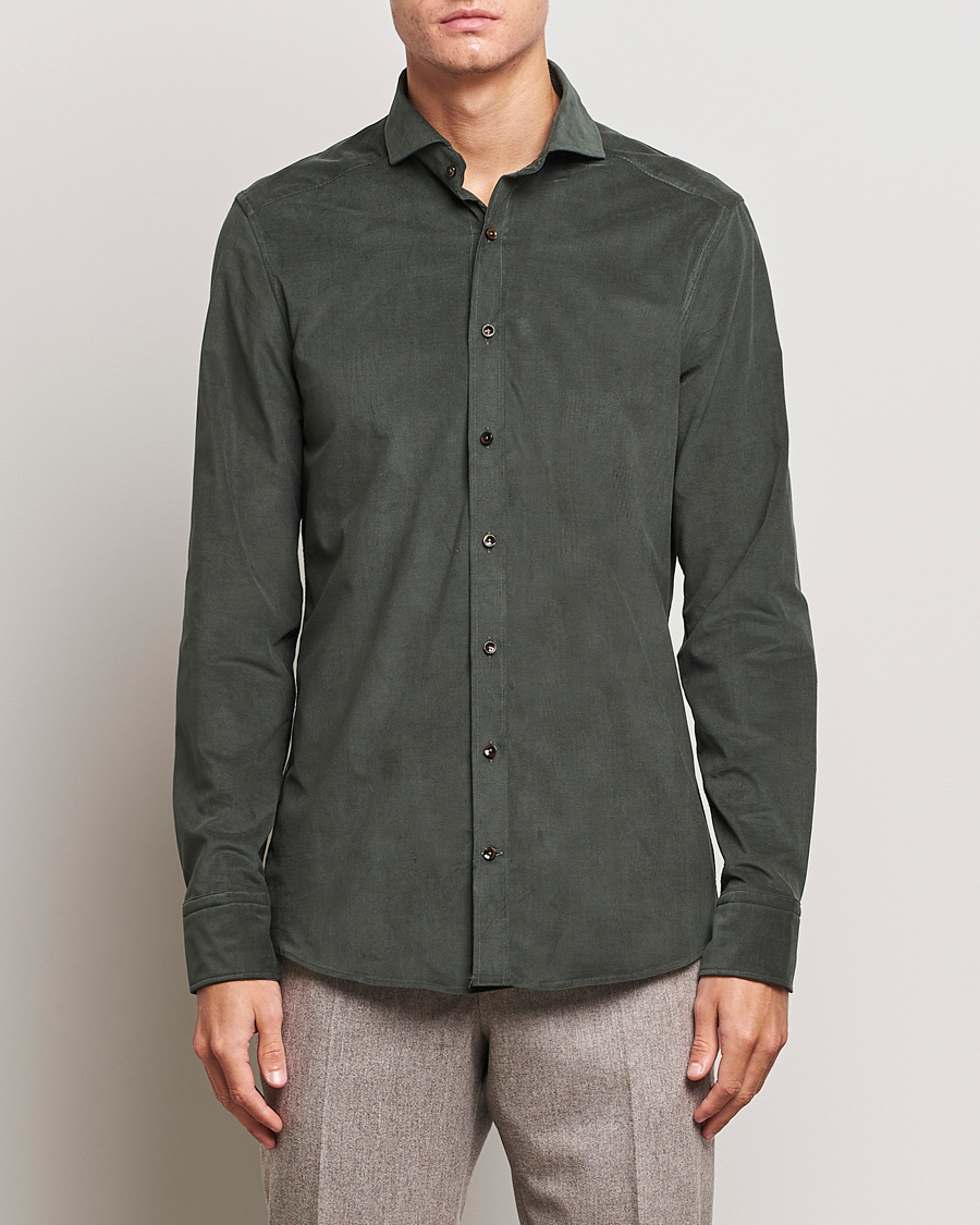 Homme | Chemises | Stenströms | Slimline Cut Away Corduroy Shirt Dark Green