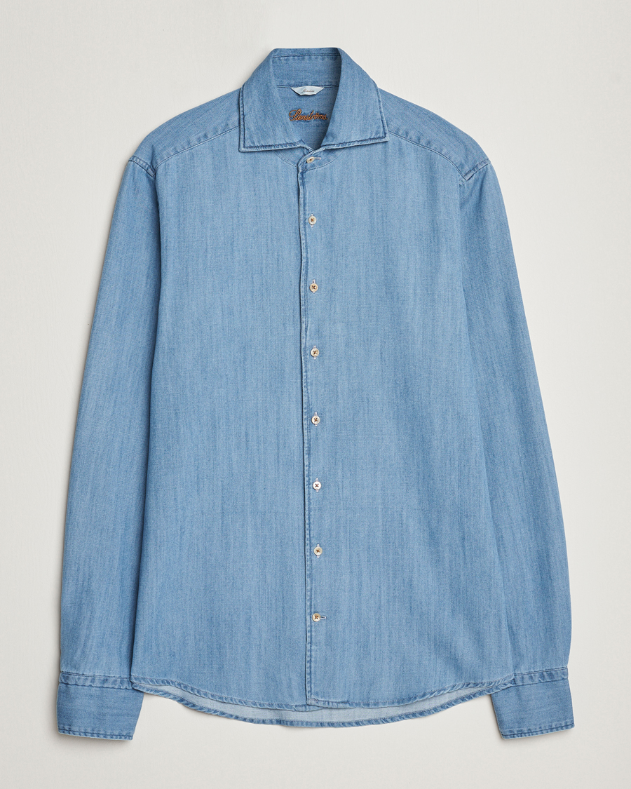 Homme | Chemises | Stenströms | Slimline One Piece Collar Denim Shirt Light Blue