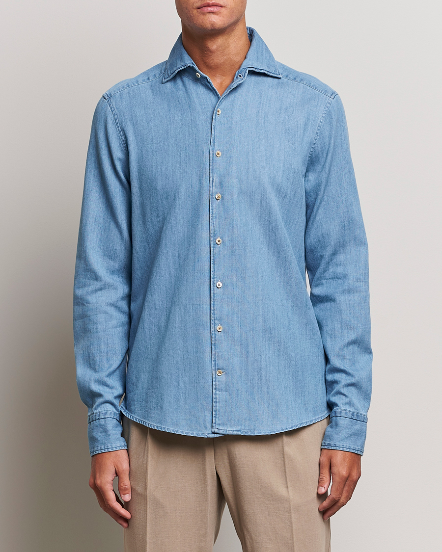 Homme | Chemises | Stenströms | Slimline One Piece Collar Denim Shirt Light Blue