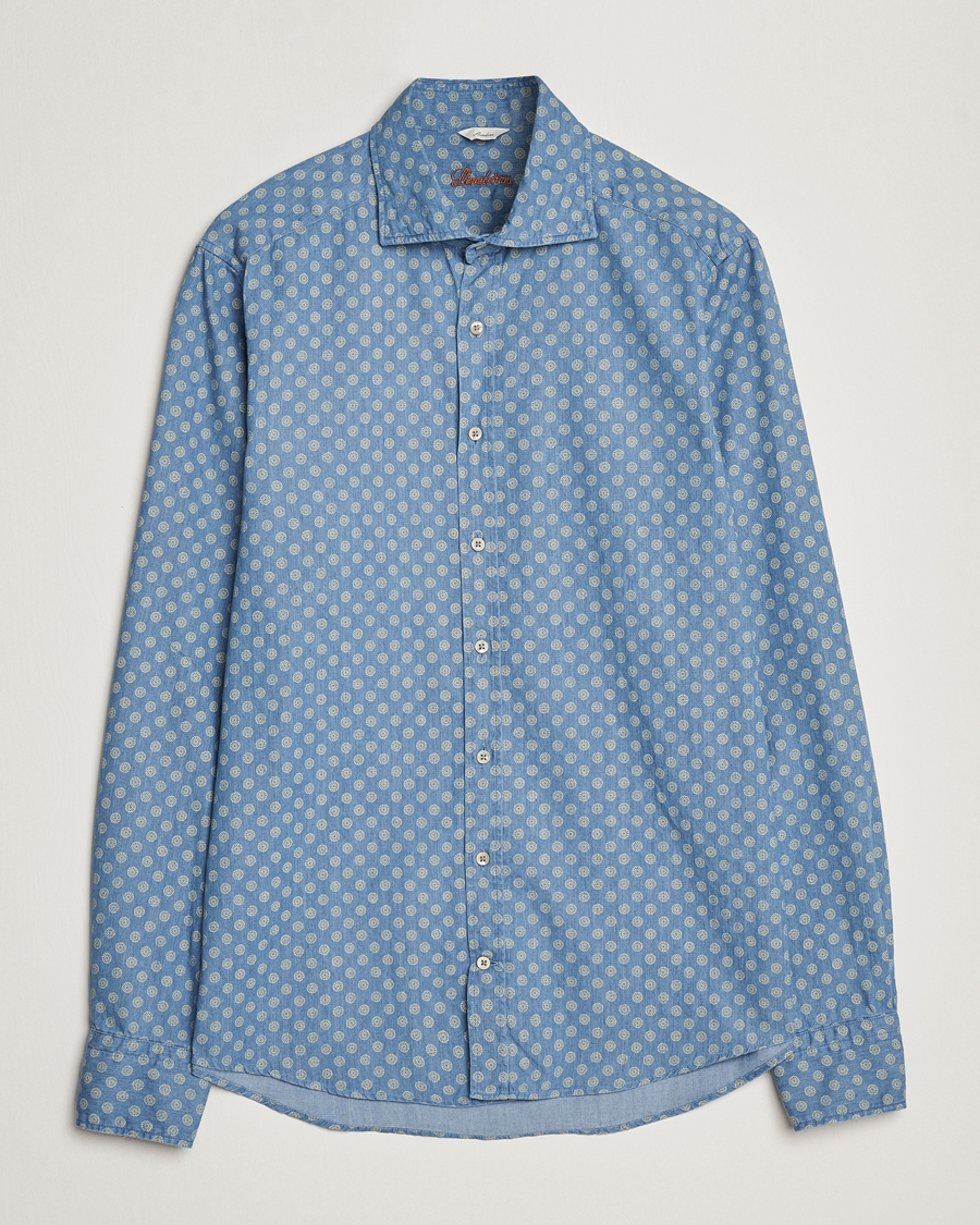 Homme | Chemises | Stenströms | Slimline Printed Cut Away Denim Shirt Light Blue
