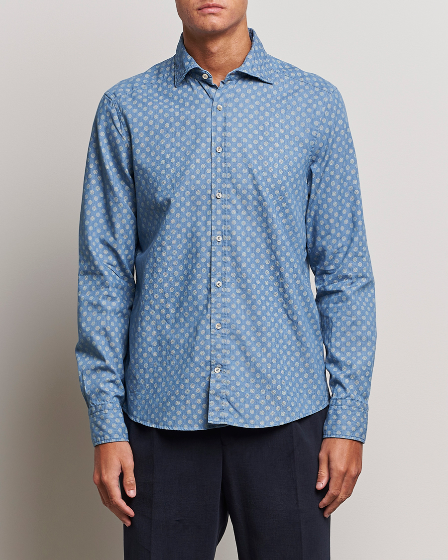 Homme | Chemises | Stenströms | Slimline Printed Cut Away Denim Shirt Light Blue