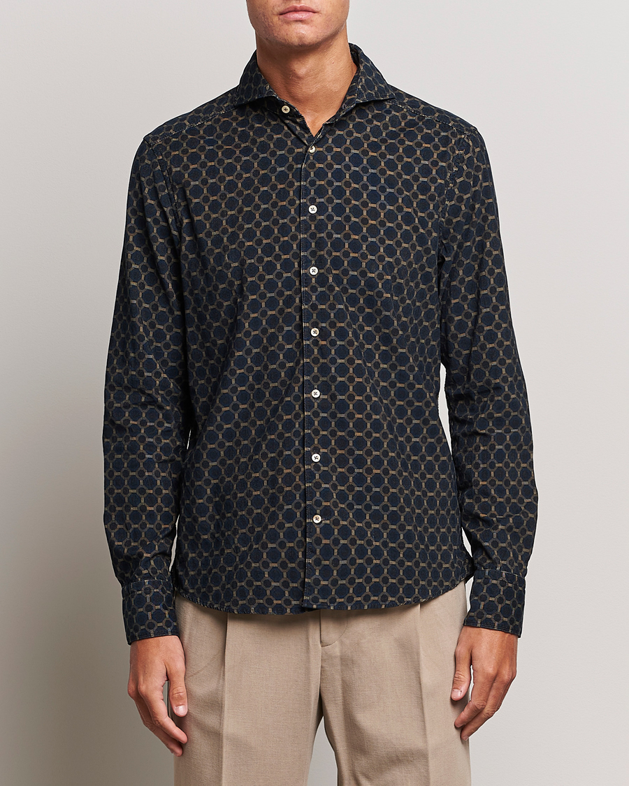 Heren | Overhemden | Stenströms | Slimline Babycord Printed Cut Away Shirt Navy