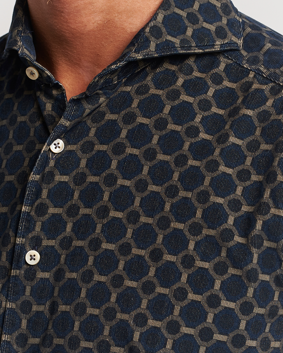 Homme | Chemises | Stenströms | Slimline Babycord Printed Cut Away Shirt Navy