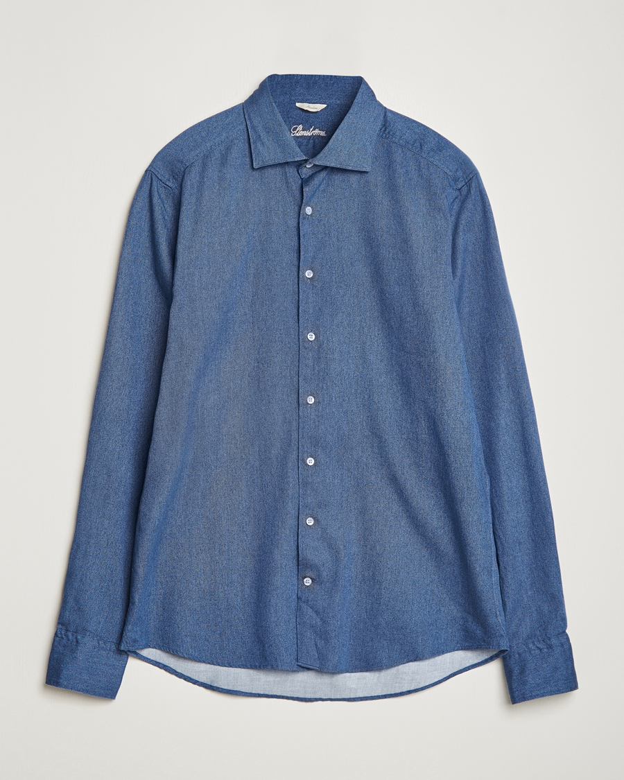 Heren | Overhemden | Stenströms | Slimline Printed Oxford Washed Cut Away Shirt Dark Blue