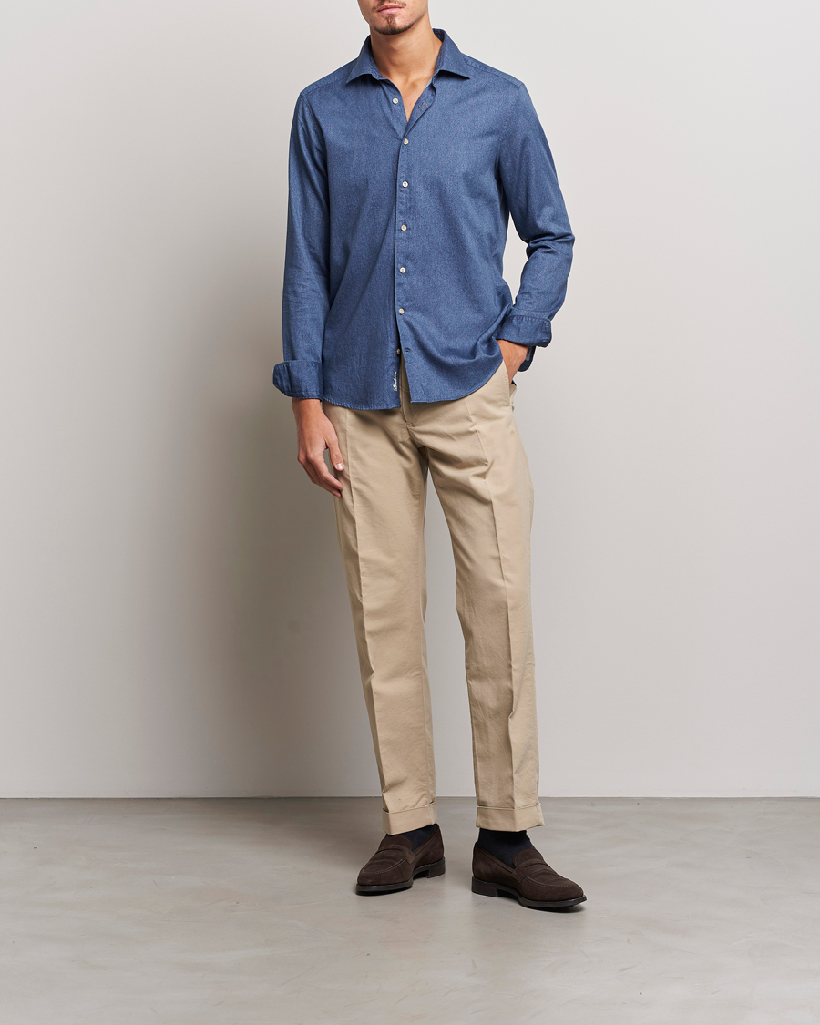 Heren | Overhemden | Stenströms | Slimline Printed Oxford Washed Cut Away Shirt Dark Blue