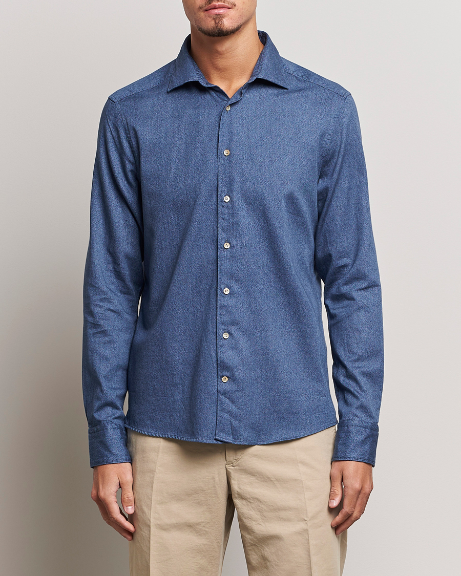 Heren | Overhemden | Stenströms | Slimline Printed Oxford Washed Cut Away Shirt Dark Blue