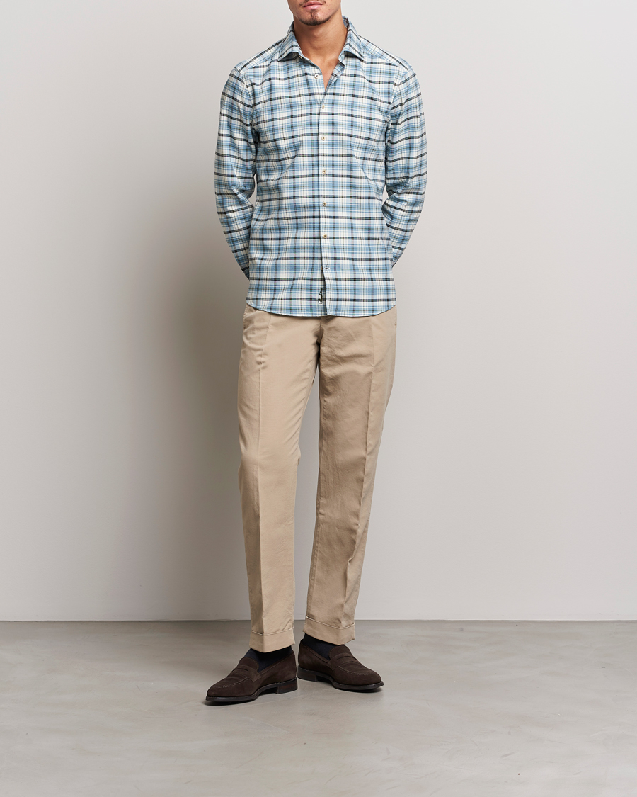 Heren | Overhemden | Stenströms | Slimline Checked Oxford Cut Away Shirt Light Blue