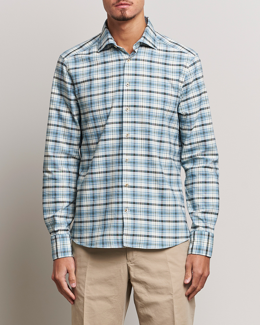Heren | Overhemden | Stenströms | Slimline Checked Oxford Cut Away Shirt Light Blue
