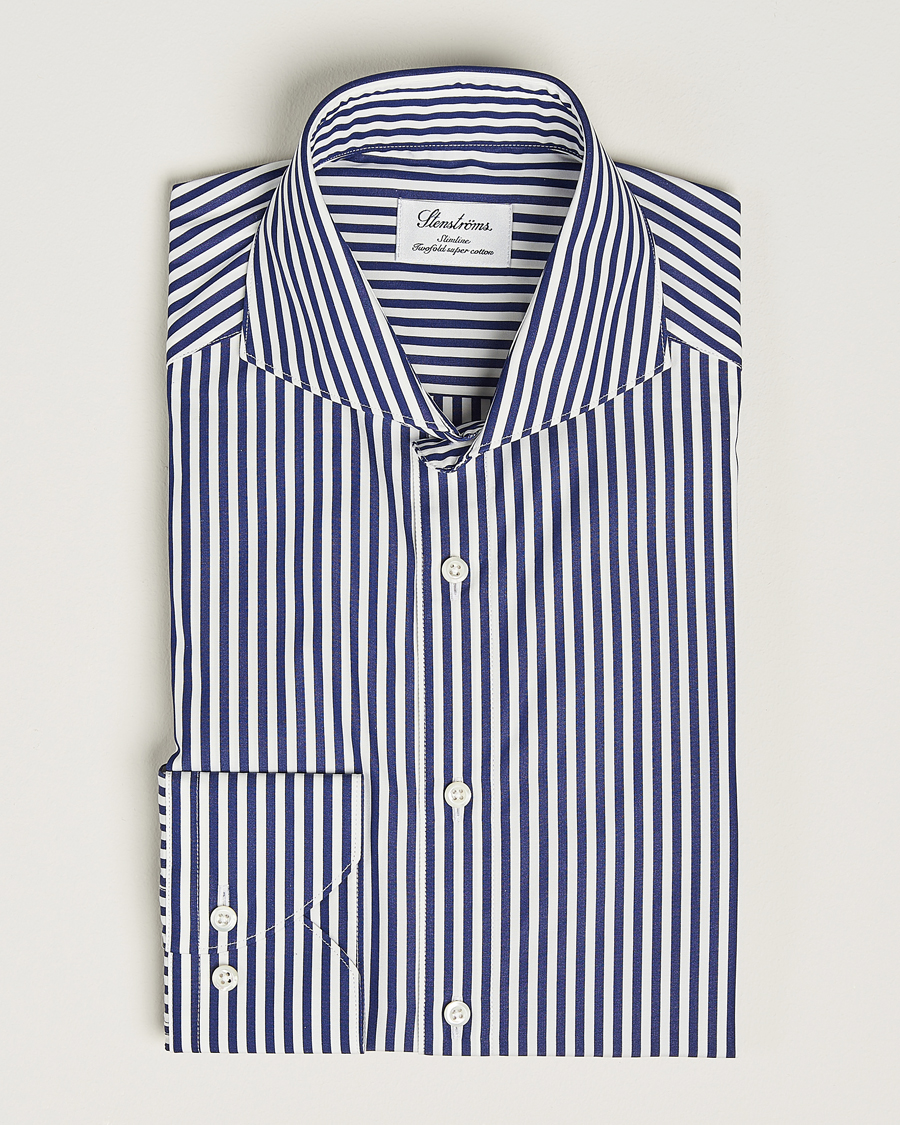 Homme | Chemises | Stenströms | Slimline Striped Popline Cut Away Shirt Navy