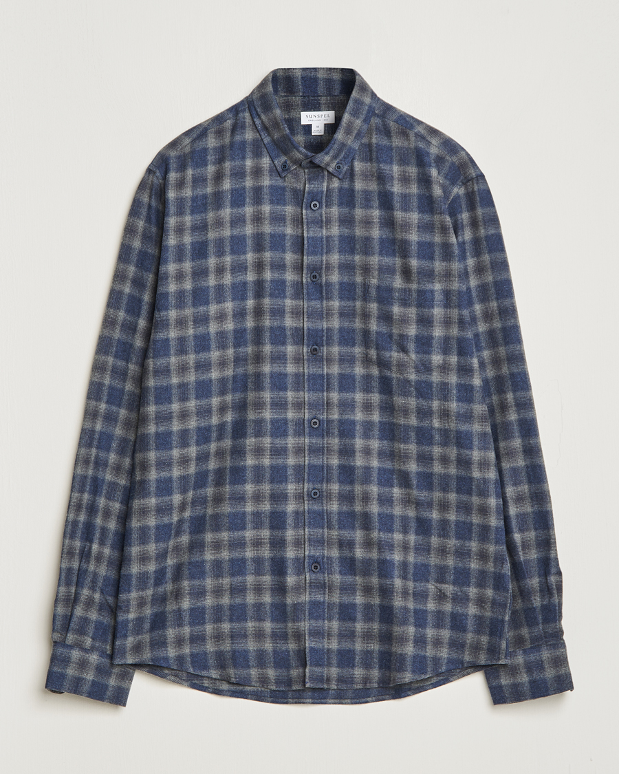 Homme | Chemises | Sunspel | Brushed Cotton Flannel Shirt Grey/Blue Check