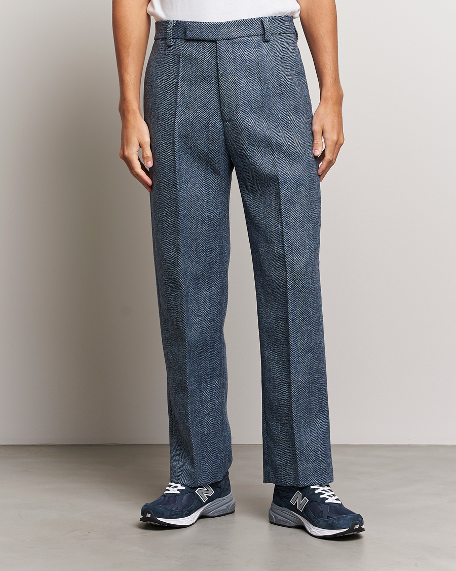 Heren | Broeken | Palmes | Pleated Wool Trousers Navy Herringbone