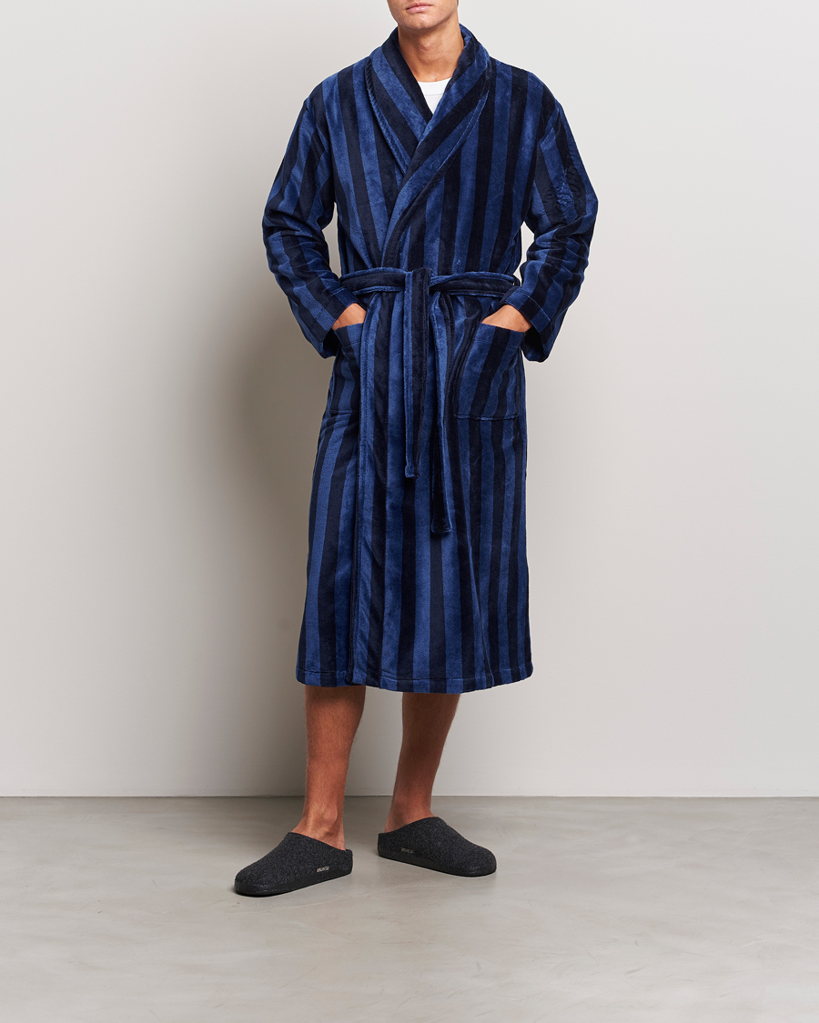 Homme | Peignoirs Et Pyjamas | Derek Rose | Striped Cotton Velour Gown Navy