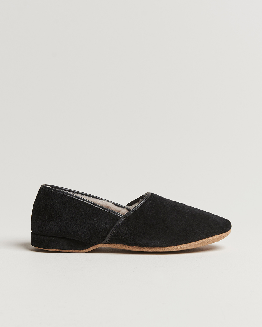 Heren | Derek Rose Crawford Sheepskin Suede Slippers Black | Derek Rose | Crawford Sheepskin Suede Slippers Black