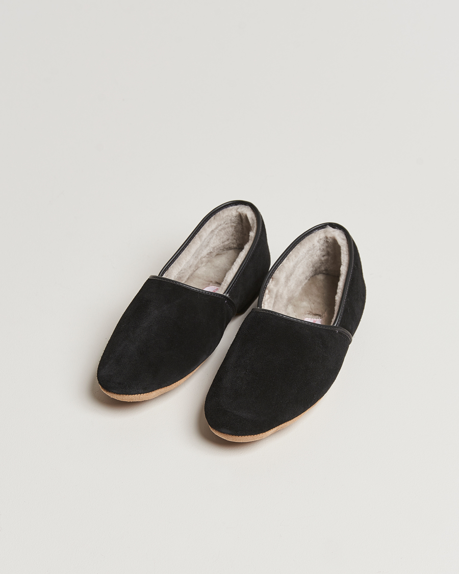 Homme | Derek Rose Crawford Sheepskin Suede Slippers Black | Derek Rose | Crawford Sheepskin Suede Slippers Black