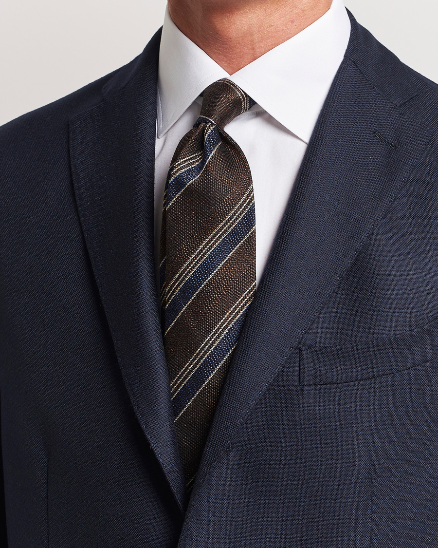 Homme | Amanda Christensen Cotton/Wool/Silk 8cm Regimental Stripe Tie Brown/Navy | Amanda Christensen | Cotton/Wool/Silk 8cm Regimental Stripe Tie Brown/Navy