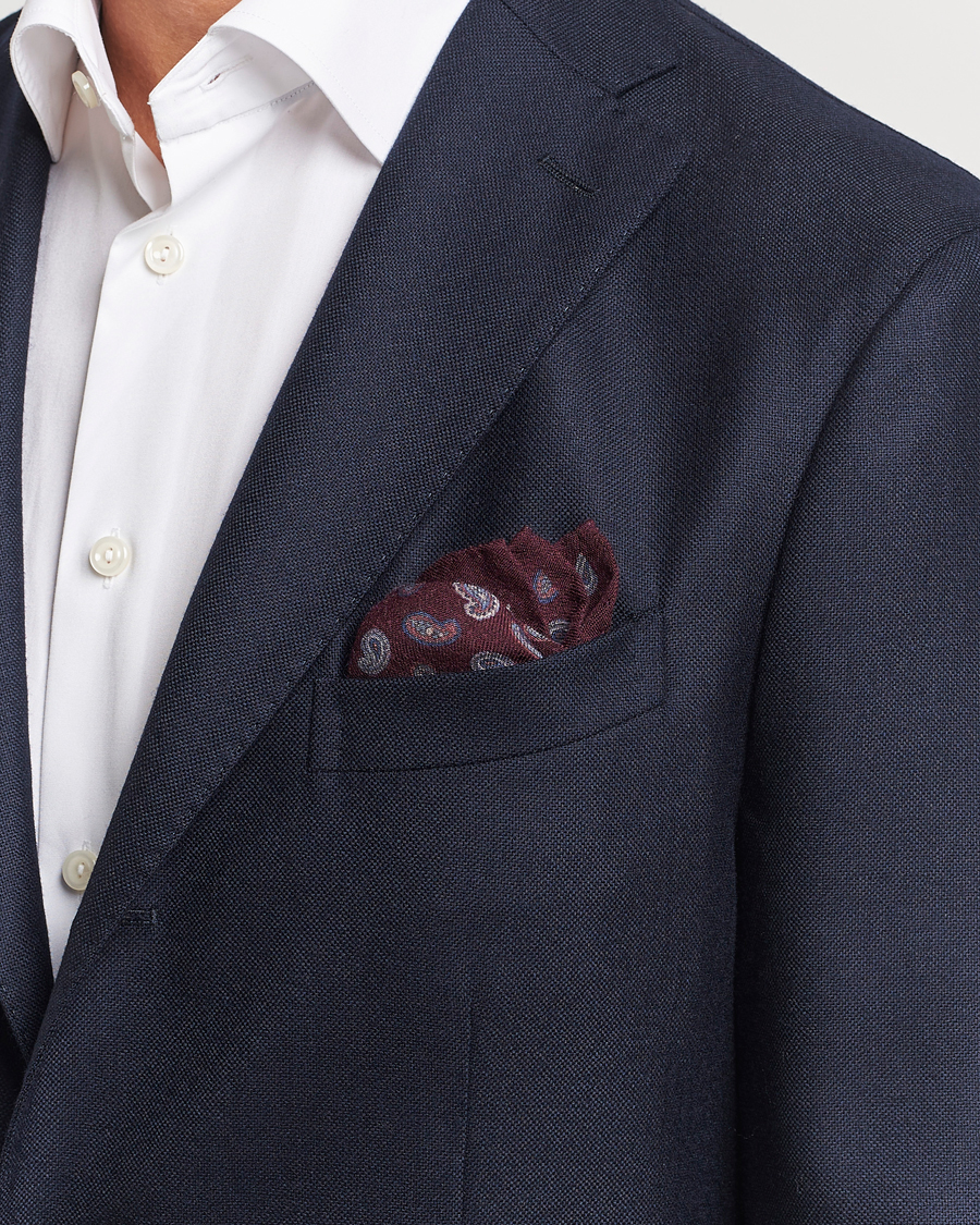 Homme | Amanda Christensen Wool Flannel Printed Paisley Pocket Square Wine | Amanda Christensen | Wool Flannel Printed Paisley Pocket Square Wine