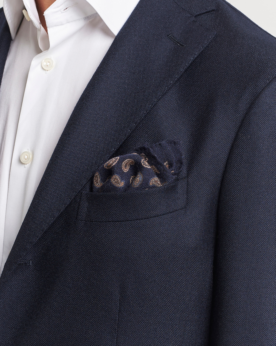 Homme | Amanda Christensen Wool Flannel Printed Paisley Pocket Square Navy | Amanda Christensen | Wool Flannel Printed Paisley Pocket Square Navy