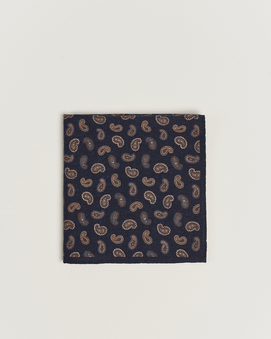 Homme | Amanda Christensen Wool Flannel Printed Paisley Pocket Square Navy | Amanda Christensen | Wool Flannel Printed Paisley Pocket Square Navy