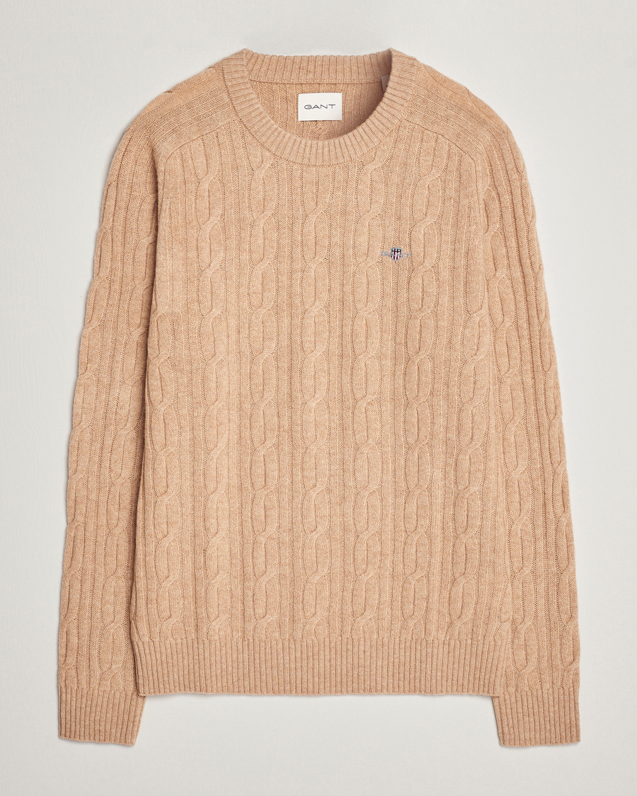 Homme | Pulls Et Tricots | GANT | Lambswool Cable Crew Neck Pullover Khaki Melange