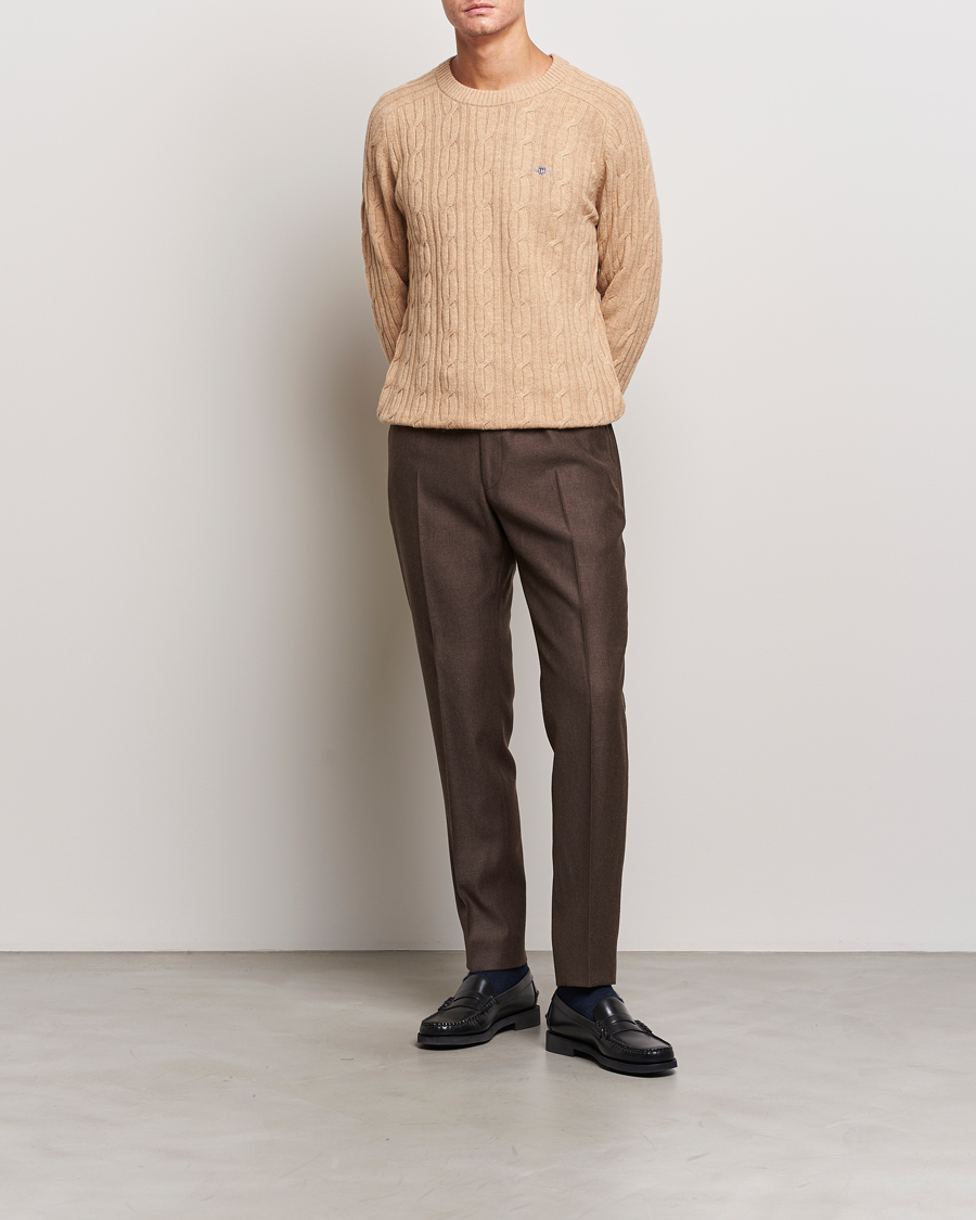 Homme | Pulls Et Tricots | GANT | Lambswool Cable Crew Neck Pullover Khaki Melange