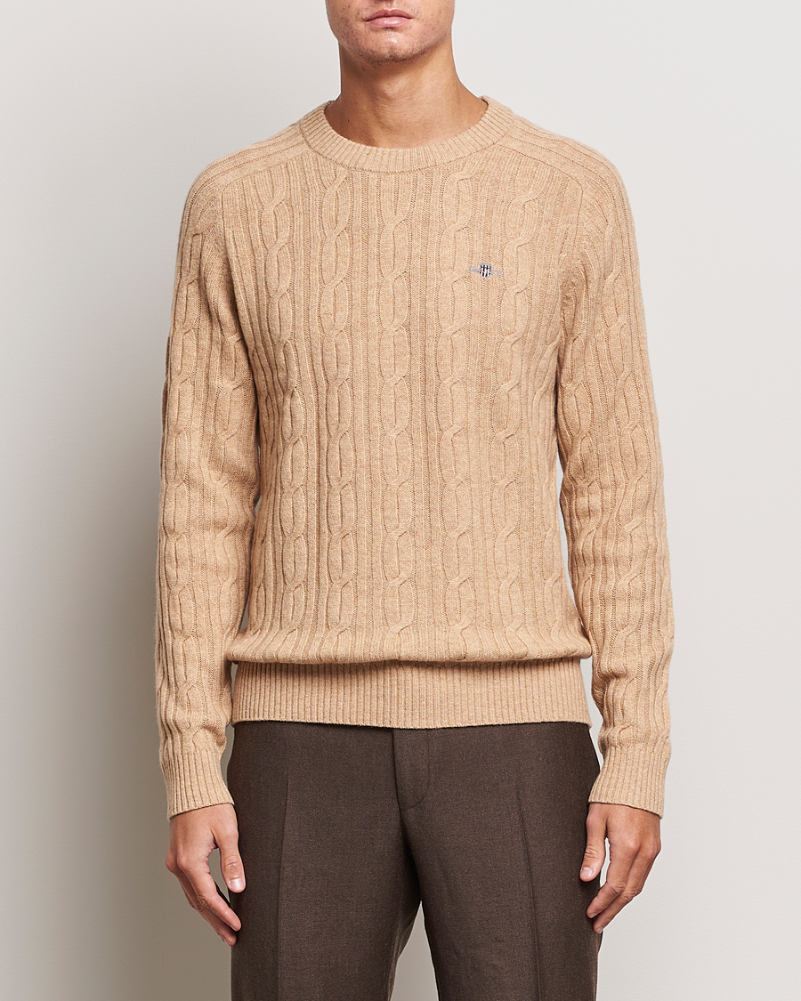 Homme | Pulls Et Tricots | GANT | Lambswool Cable Crew Neck Pullover Khaki Melange