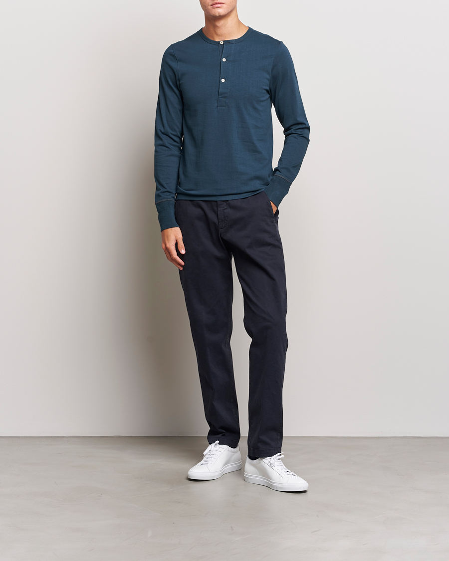 Homme | Pulls Et Tricots | Merz b. Schwanen | Classic Organic Cotton Henley Mineral Blue