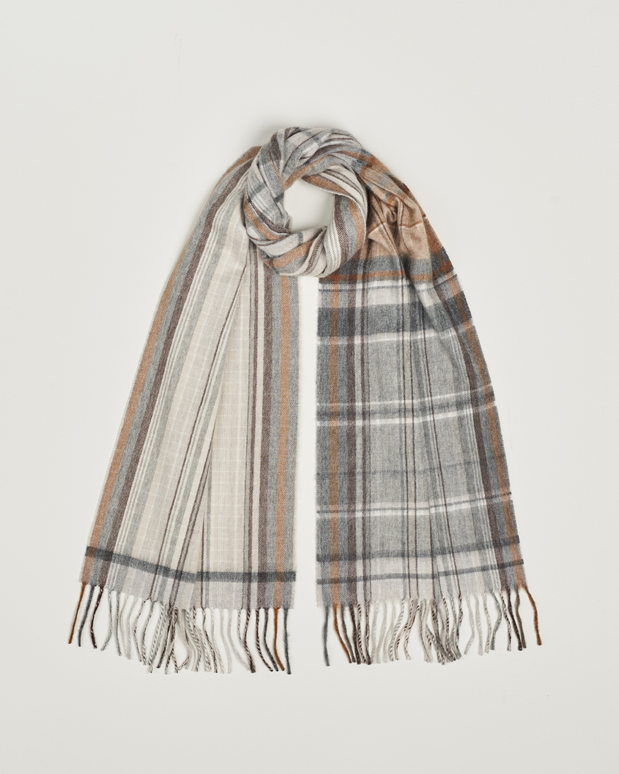 Homme | Begg & Co Striped/Checked Cashmere Scarf 36*183cm Natural Grey | Begg & Co | Striped/Checked Cashmere Scarf 36*183cm Natural Grey