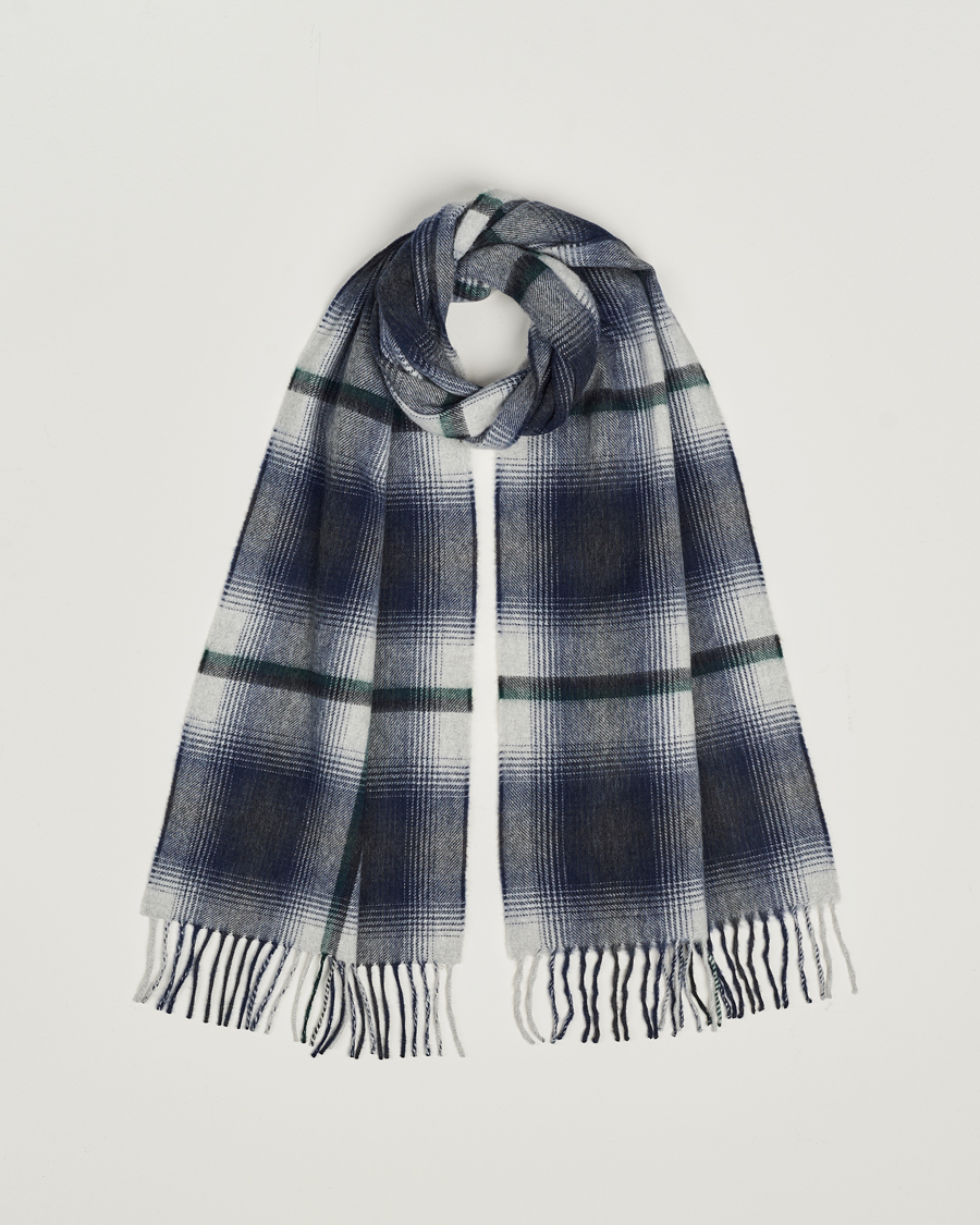 Homme | Begg & Co Wool/Cashmere Shadow Check Scarf 32*180cm Silver/Navy | Begg & Co | Wool/Cashmere Shadow Check Scarf 32*180cm Silver/Navy