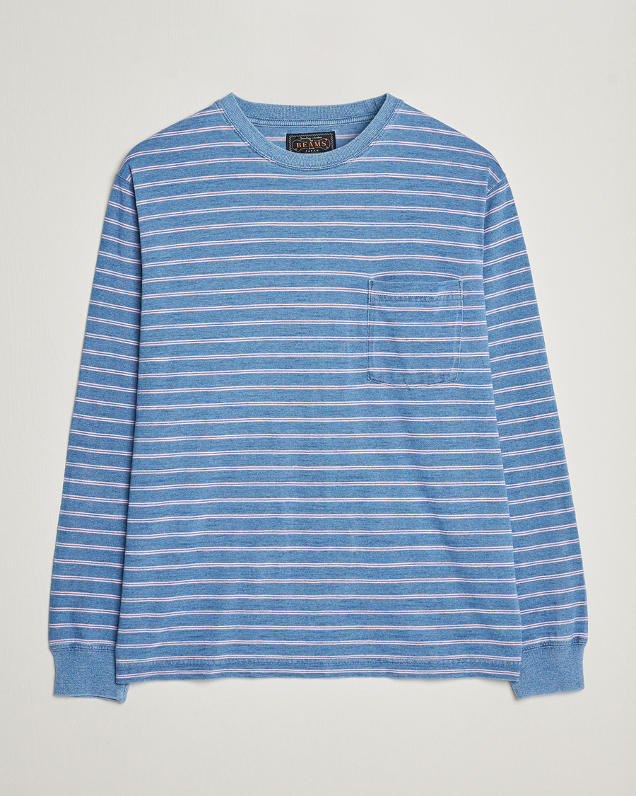 Homme | T-shirts | BEAMS PLUS | Indigo Stripe Long Sleeve T-Shirt Light Blue