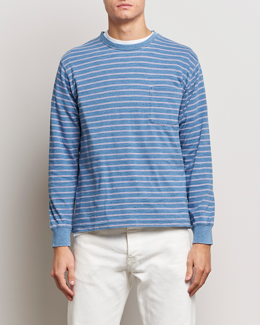 Homme | T-shirts | BEAMS PLUS | Indigo Stripe Long Sleeve T-Shirt Light Blue