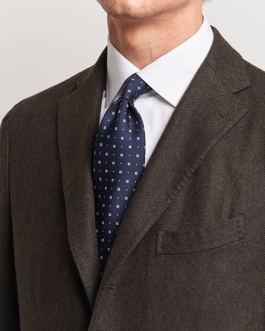 Homme | E. Marinella 3-Fold Printed Silk Tie Navy | E. Marinella | 3-Fold Printed Silk Tie Navy