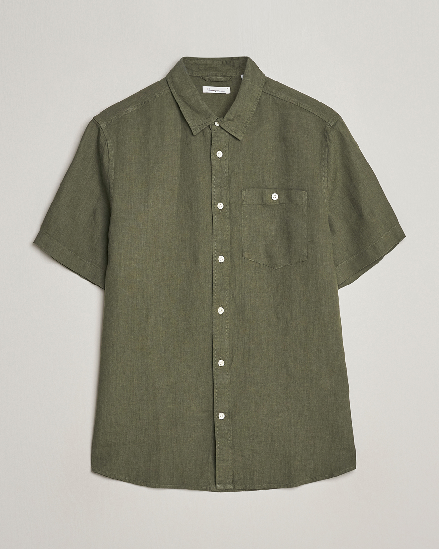 Homme | Chemises | KnowledgeCotton Apparel | Regular Short Sleeve Linen Shirt Burned Olive