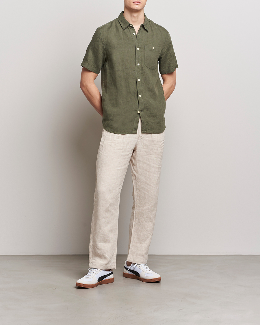 Homme | Chemises | KnowledgeCotton Apparel | Regular Short Sleeve Linen Shirt Burned Olive