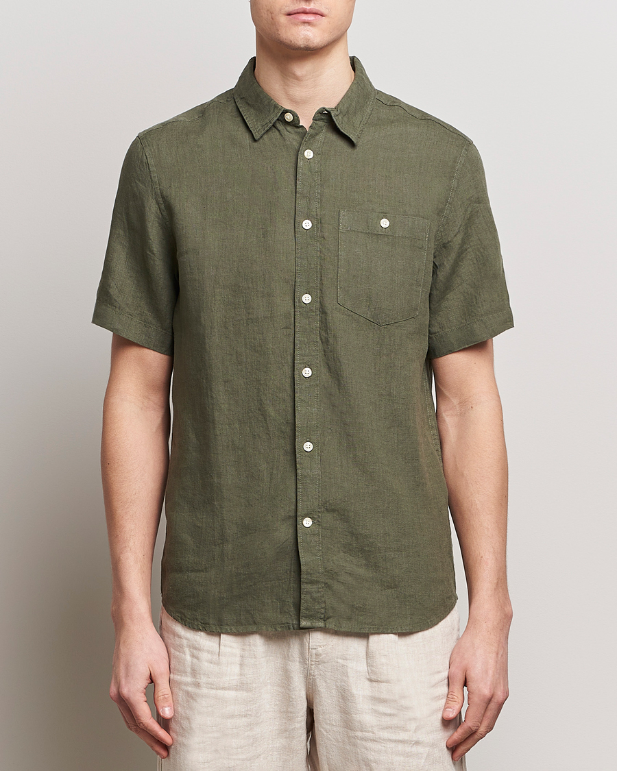 Homme | Chemises | KnowledgeCotton Apparel | Regular Short Sleeve Linen Shirt Burned Olive