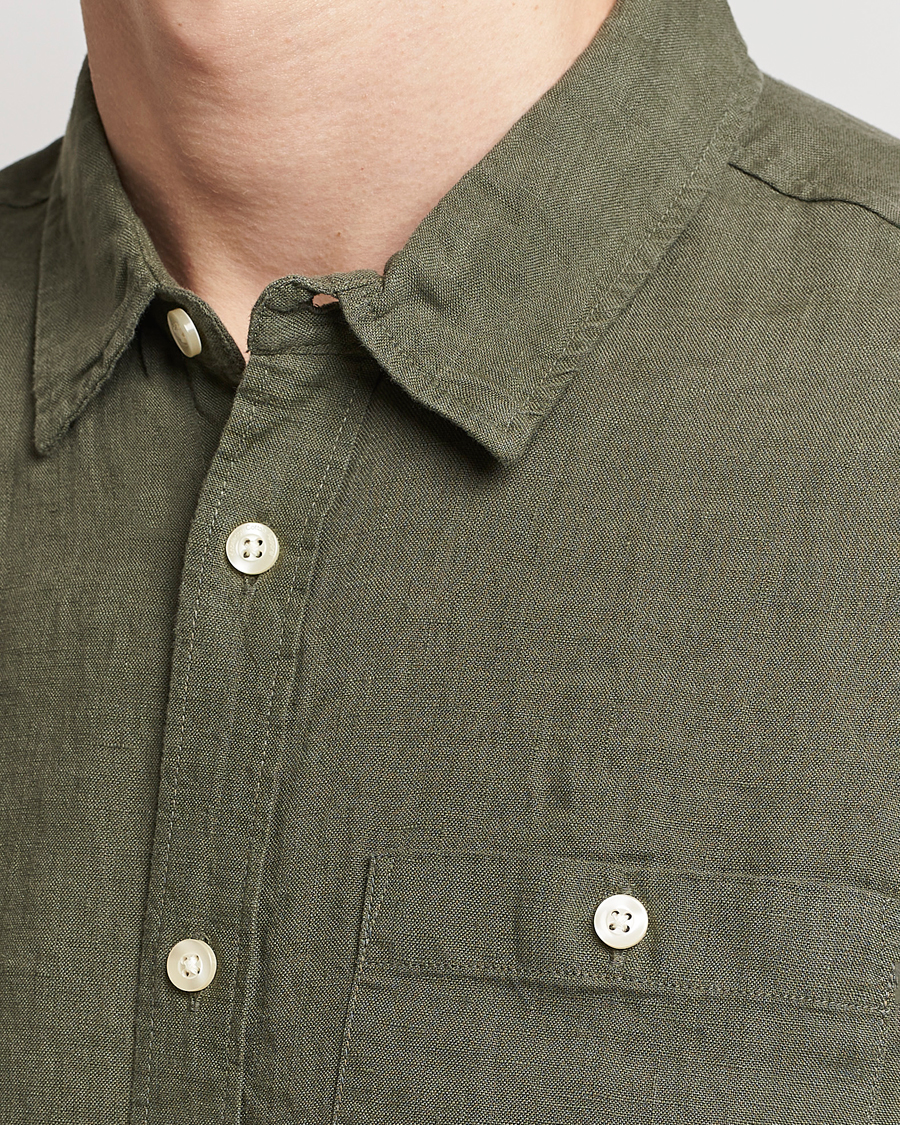 Homme | Chemises | KnowledgeCotton Apparel | Regular Short Sleeve Linen Shirt Burned Olive