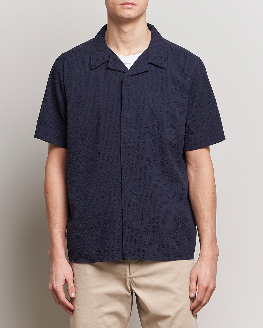 Homme | Chemises | KnowledgeCotton Apparel | Short Sleeve Seersucker Shirt Night Sky